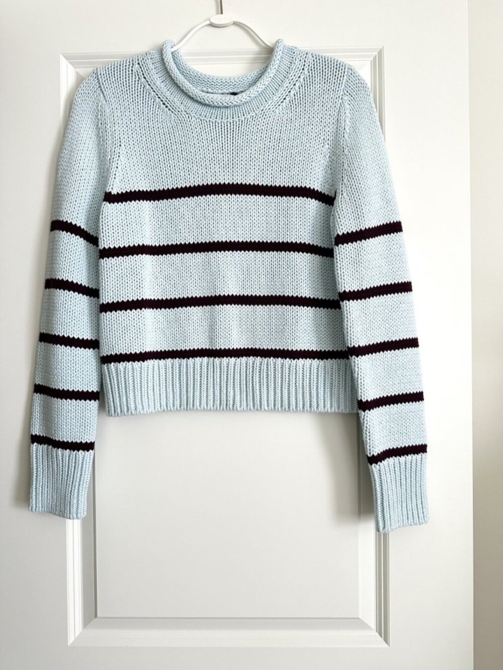 NWT LA LIGNE Mini Marina Stripe Pullover Sweater in Lt Blue Dark Plum Size M